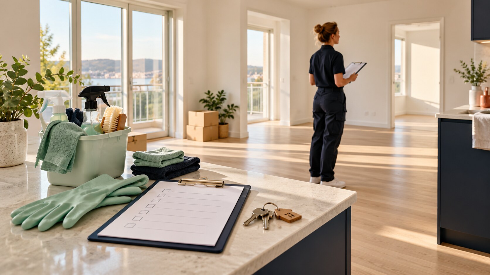 Checklist, cleaning supplies, and keys ready for moving cleaning