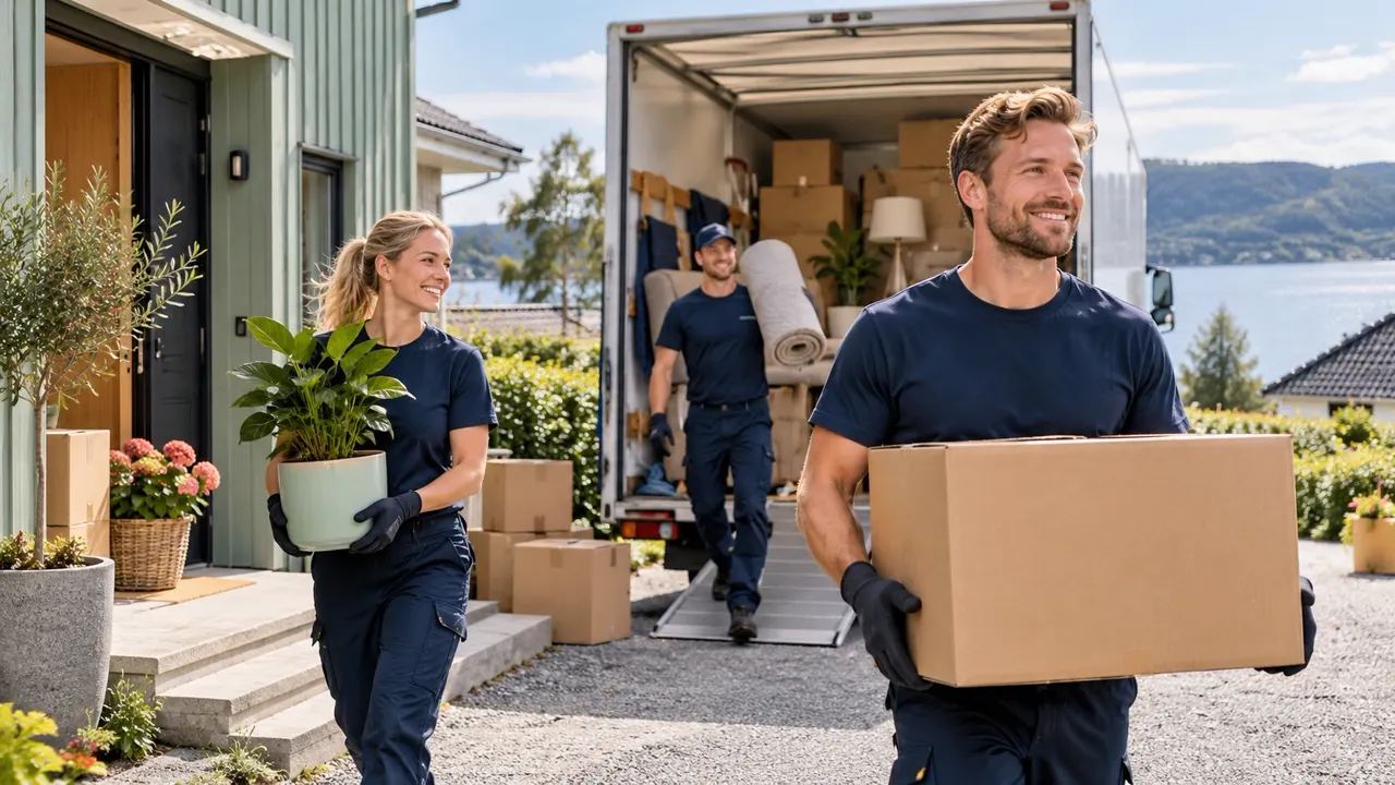 Moving truck and team ready outside a house on an organized moving day