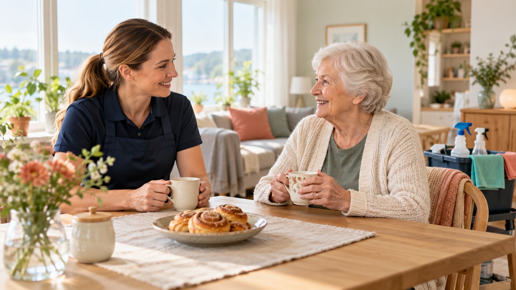 Elderly person talking to a professional cleaner in the home