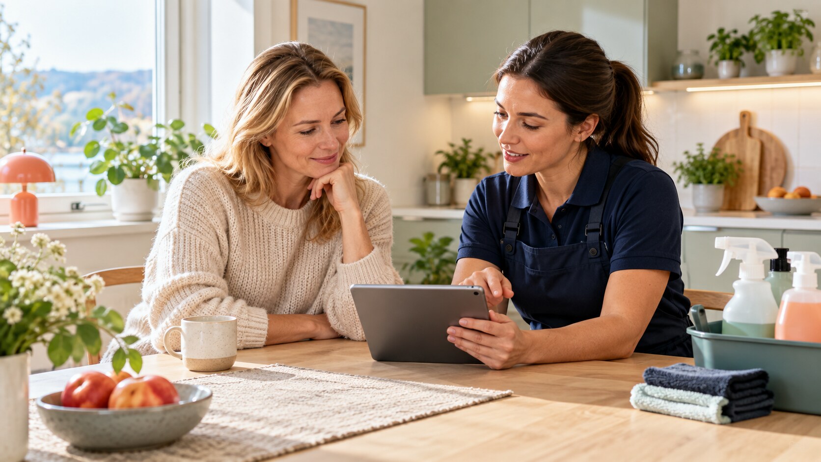 Customer and professional cleaner reviewing a cleaning service offer