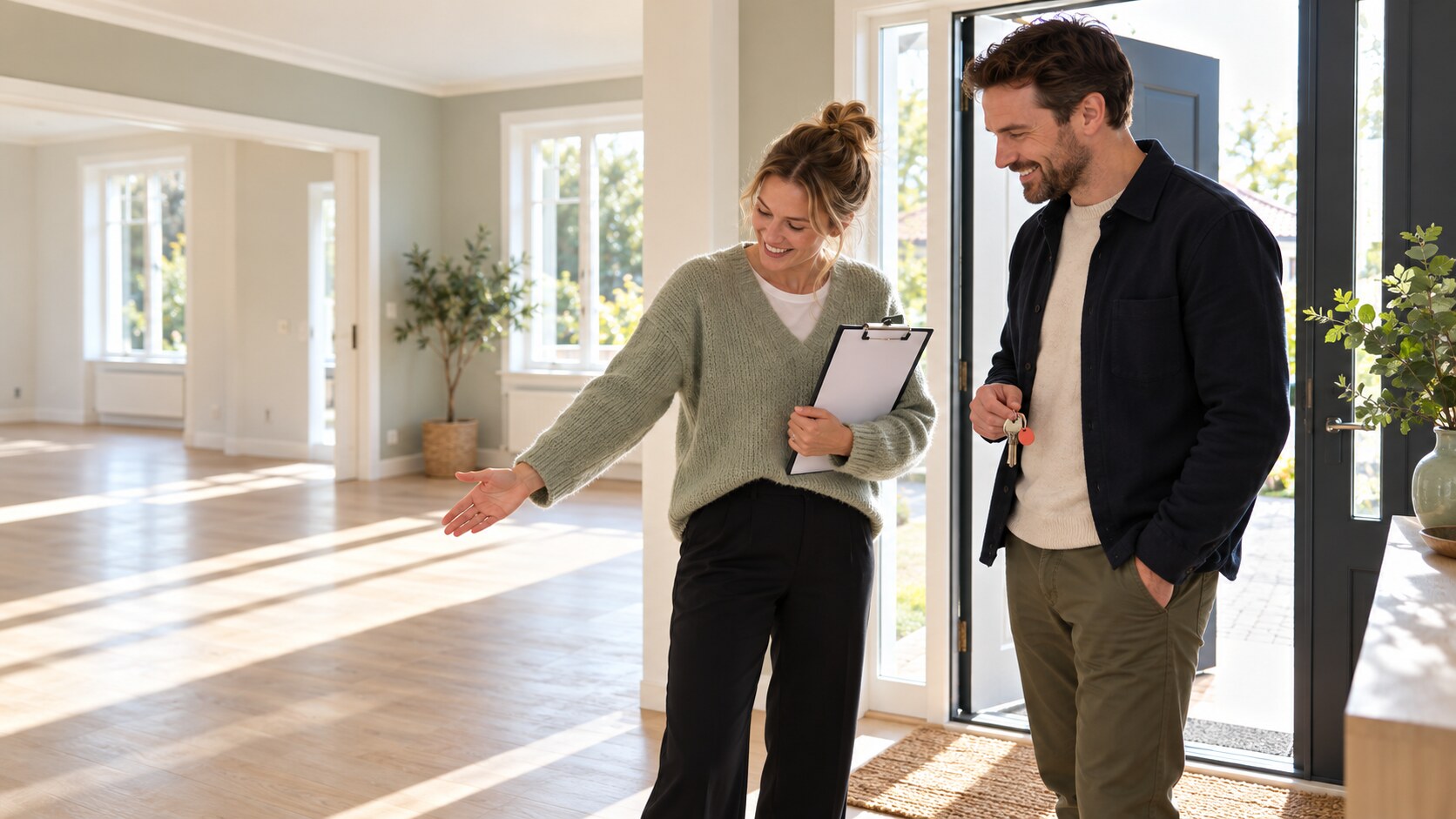 Two people inspecting a clean home before key handover