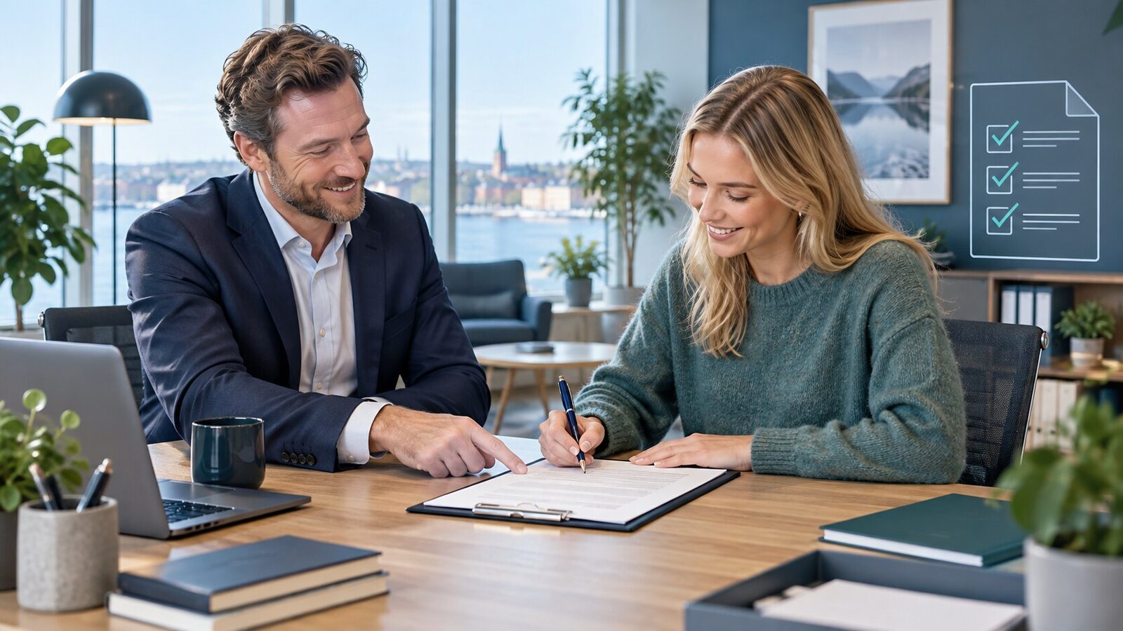 Arbeidsgiver og nyansatt signerer en tydelig arbeidskontrakt