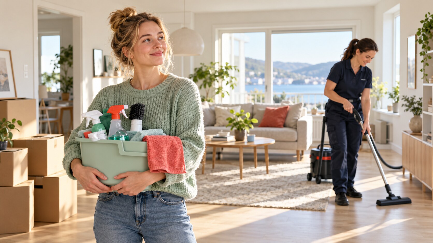 Homeowner considering own cleaning while a professional cleaner works