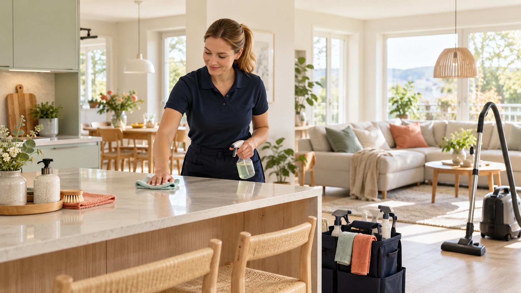 Professional cleaner cleaning the kitchen in a bright home