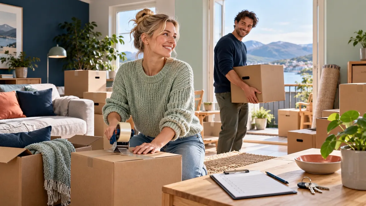 Labeled moving boxes, checklist, and keys ready for moving day