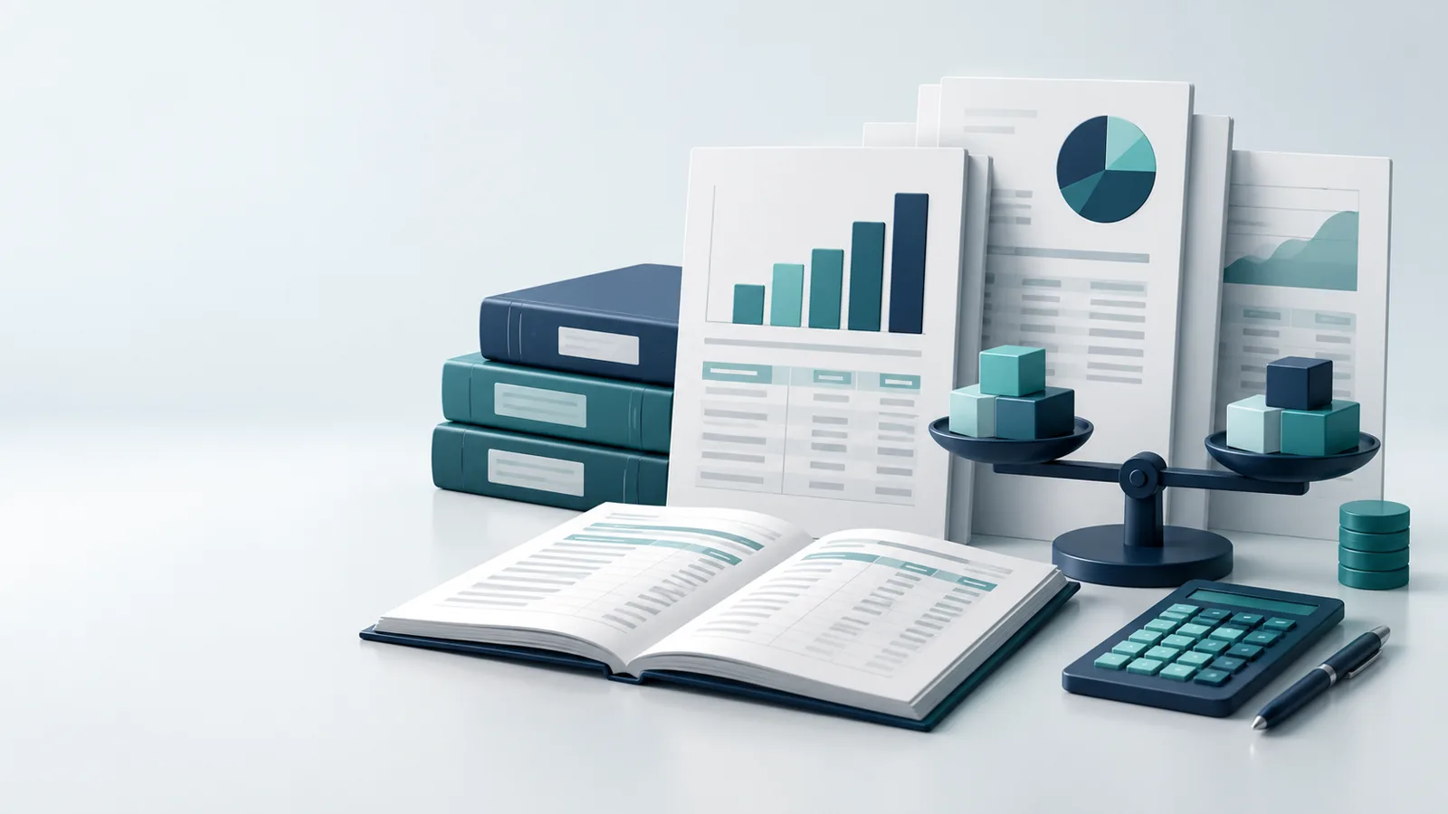 Illustration of annual accounts with profit and loss, balance sheet and financial charts