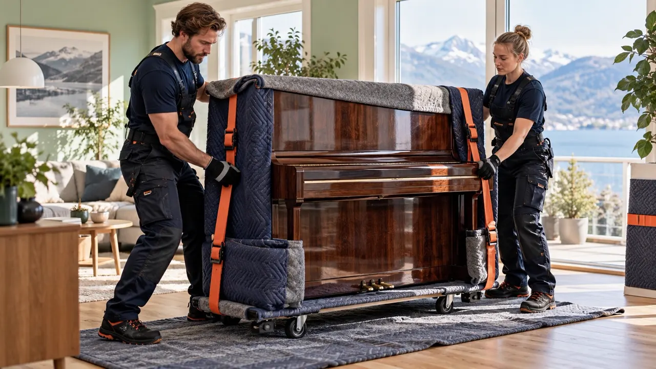 Professional movers securing a piano with the right equipment