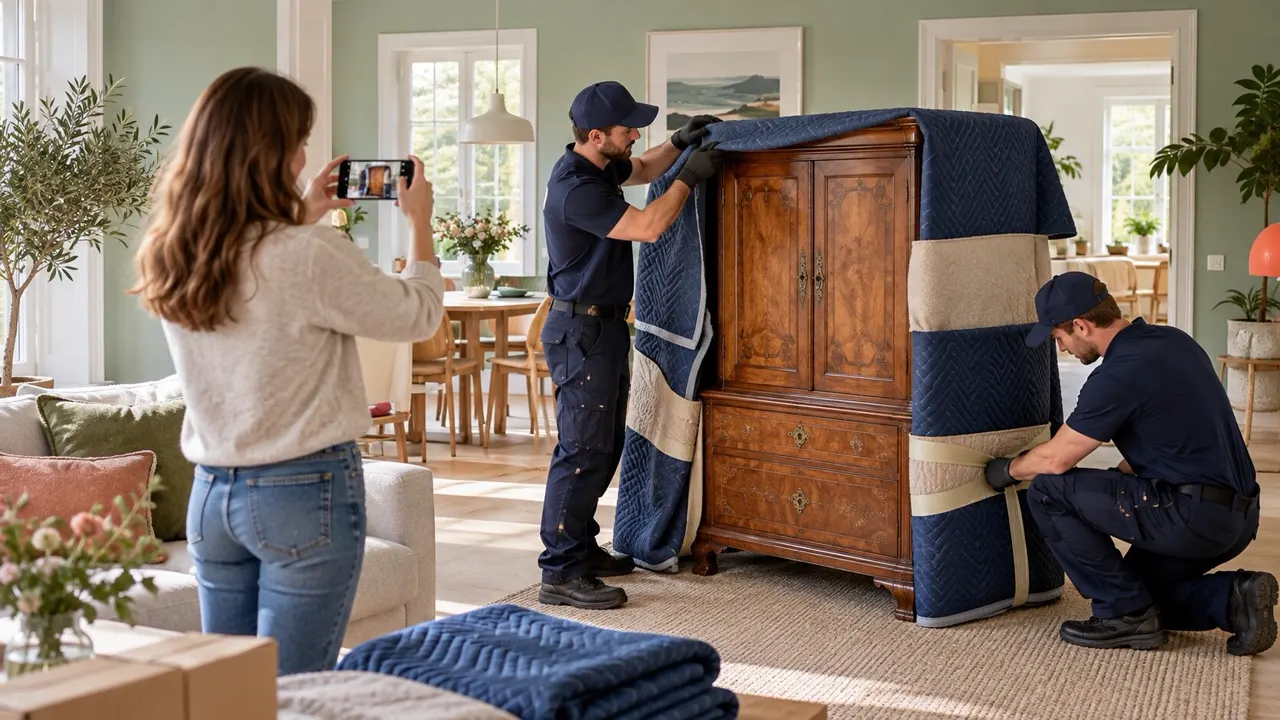 Customer photographs a piece of furniture before professional movers pack it