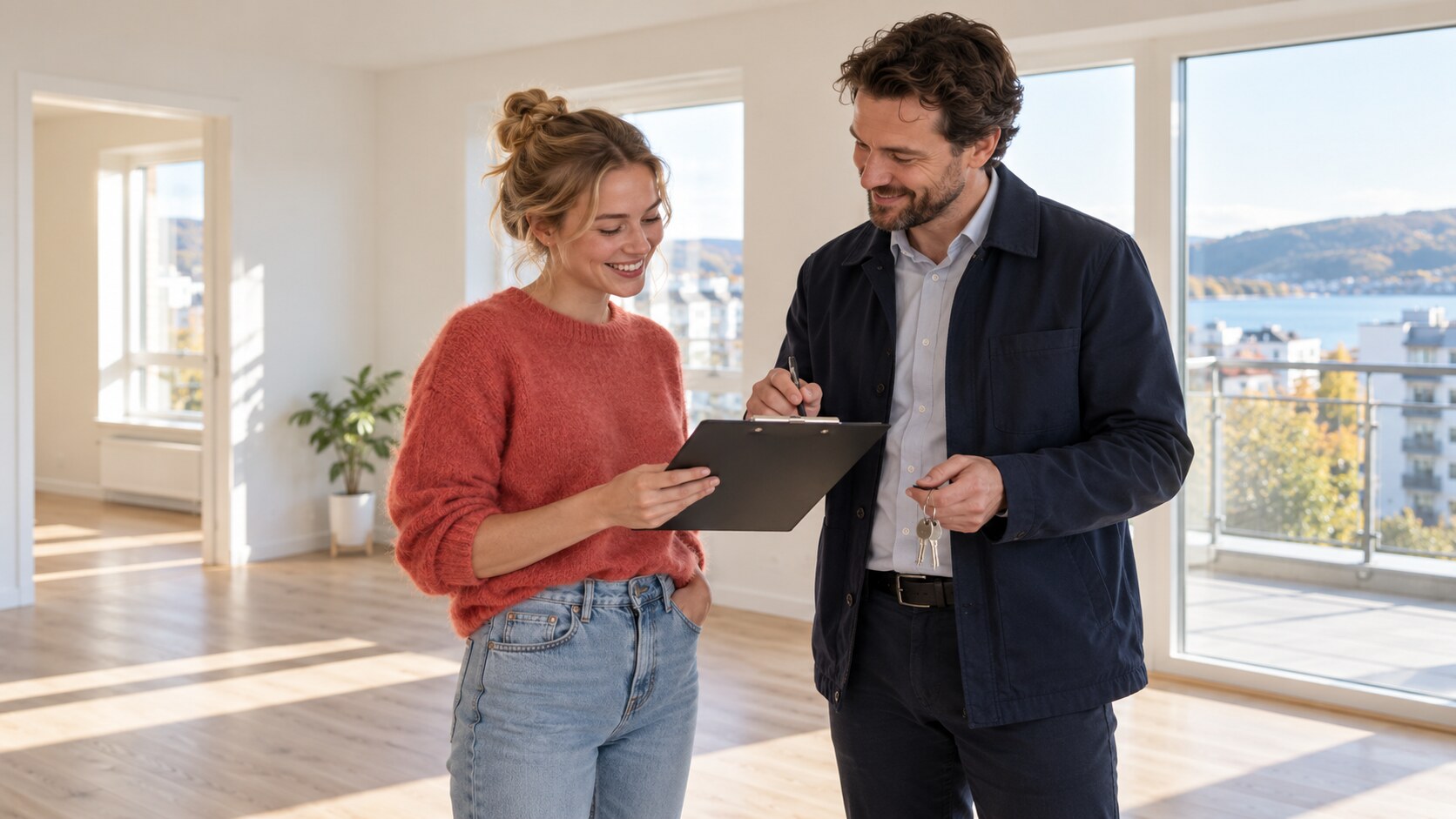 Tenant and landlord review the cleaning with a protocol and keys