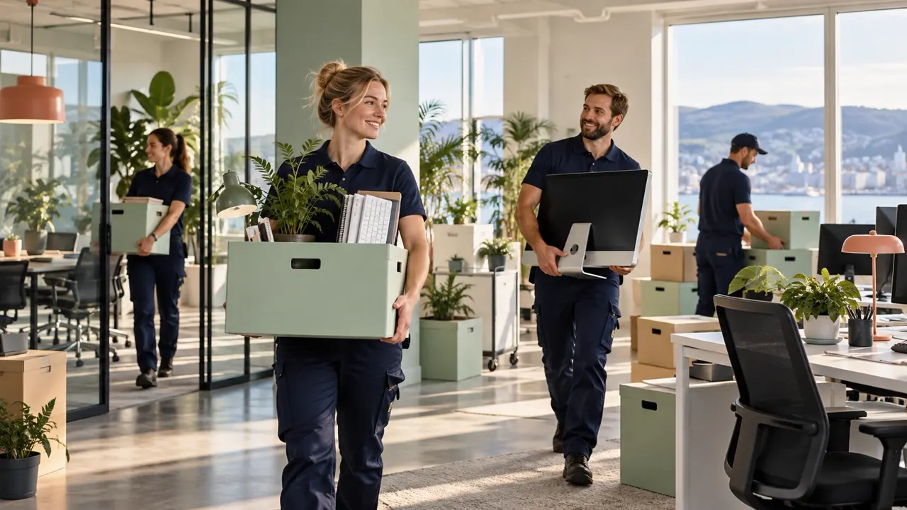 Moving team moving labeled office boxes and work equipment