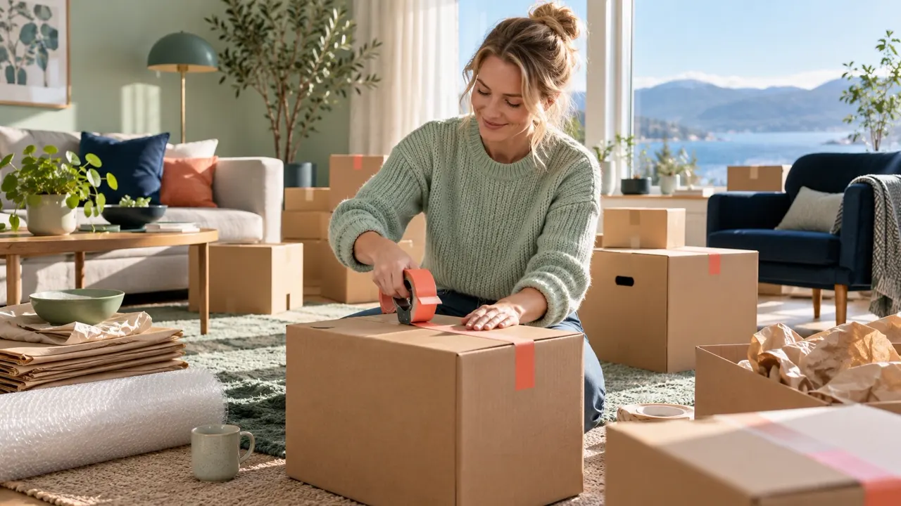 Person packing and labeling sturdy moving boxes in a bright living room