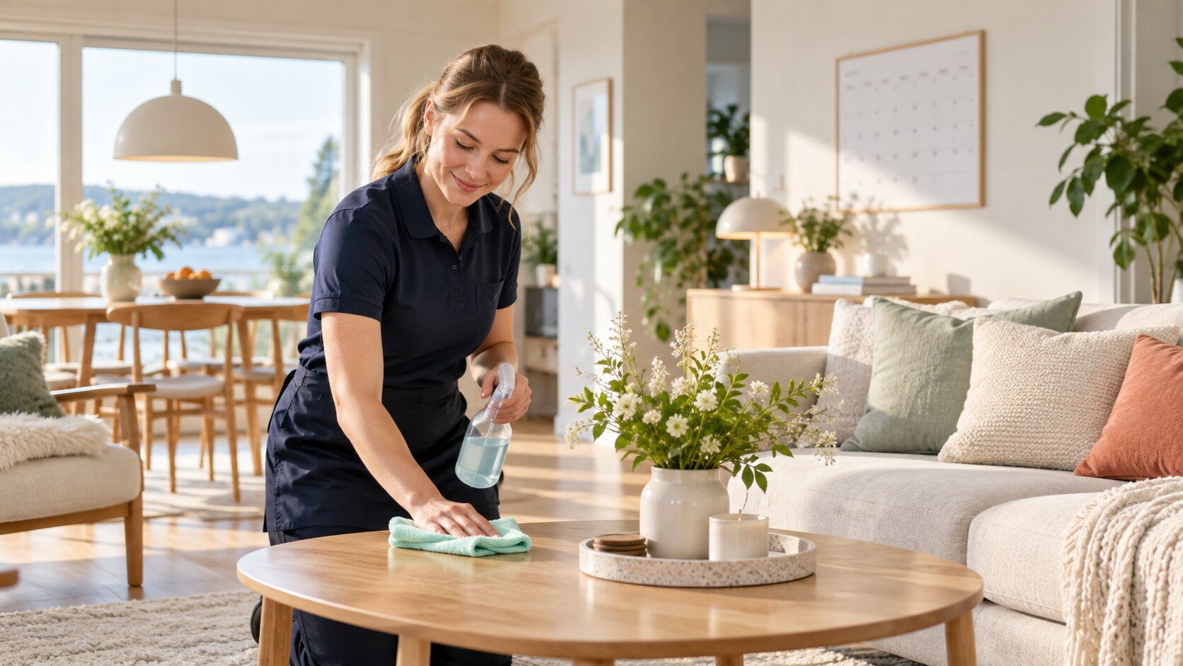 Regular cleaning service cleaning a bright living room in a Norwegian home
